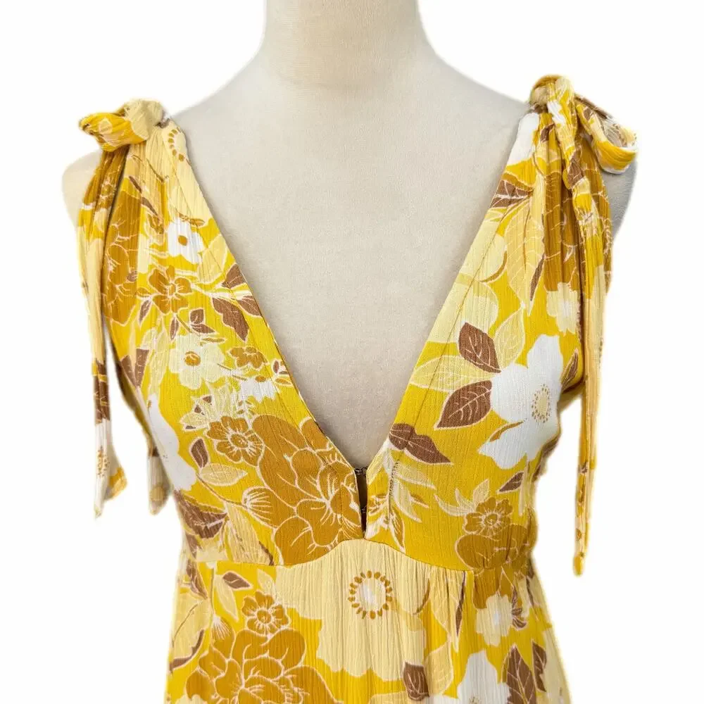 Abercrombie & Fitch Bright Yellow Crepe Tie Shoulder V-neck Flowing Maxi Dress